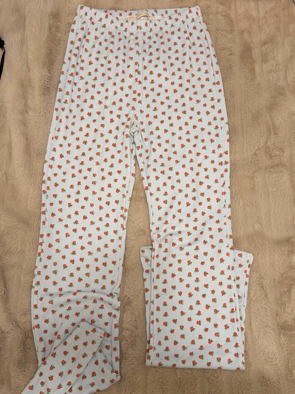 Girls' White Pajama Pants with Small Red Floral Print